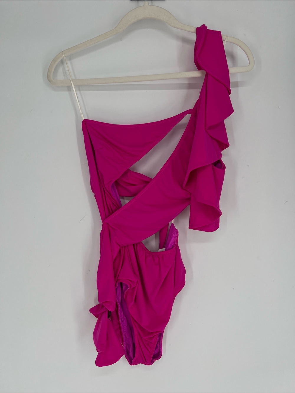 PatBO Hot Pink One-Shoulder Ruffle Cutout Resortwear One-Piece Swimsuit Flamingo